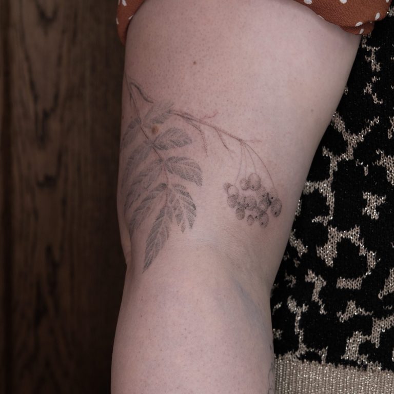 Handpoke Tattoo Handpoked tattoo on right arm of a rowan branch and berries. Nature handpoke tattoo.